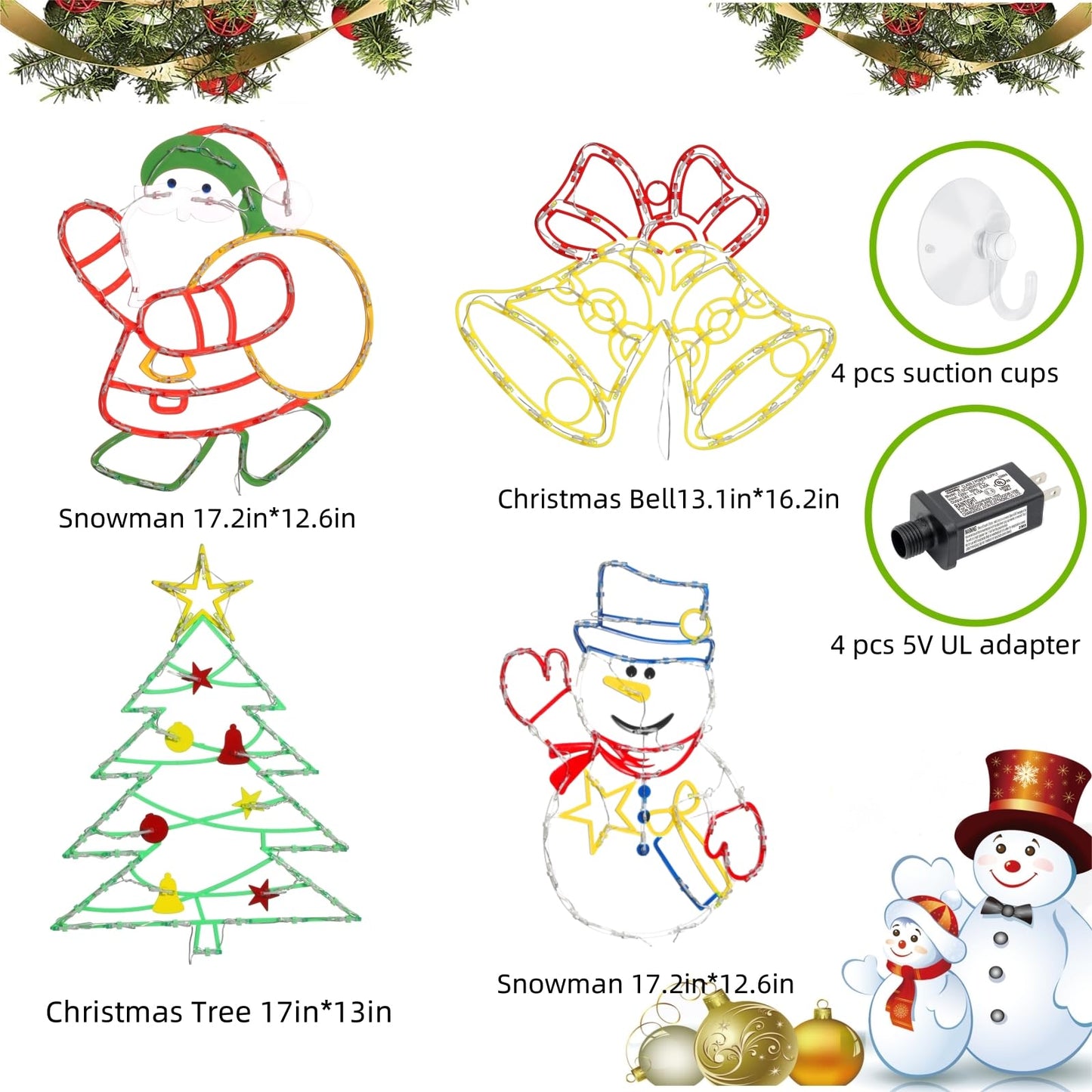 Pytopkto Christmas Decorations - 16" Christmas Window Silhouette Lights - 4 Pack Colour Lighted Christmas Tree & Snowman & Santa &Bell for Holiday Indoor and Outdoor Wall Door Window Decorate