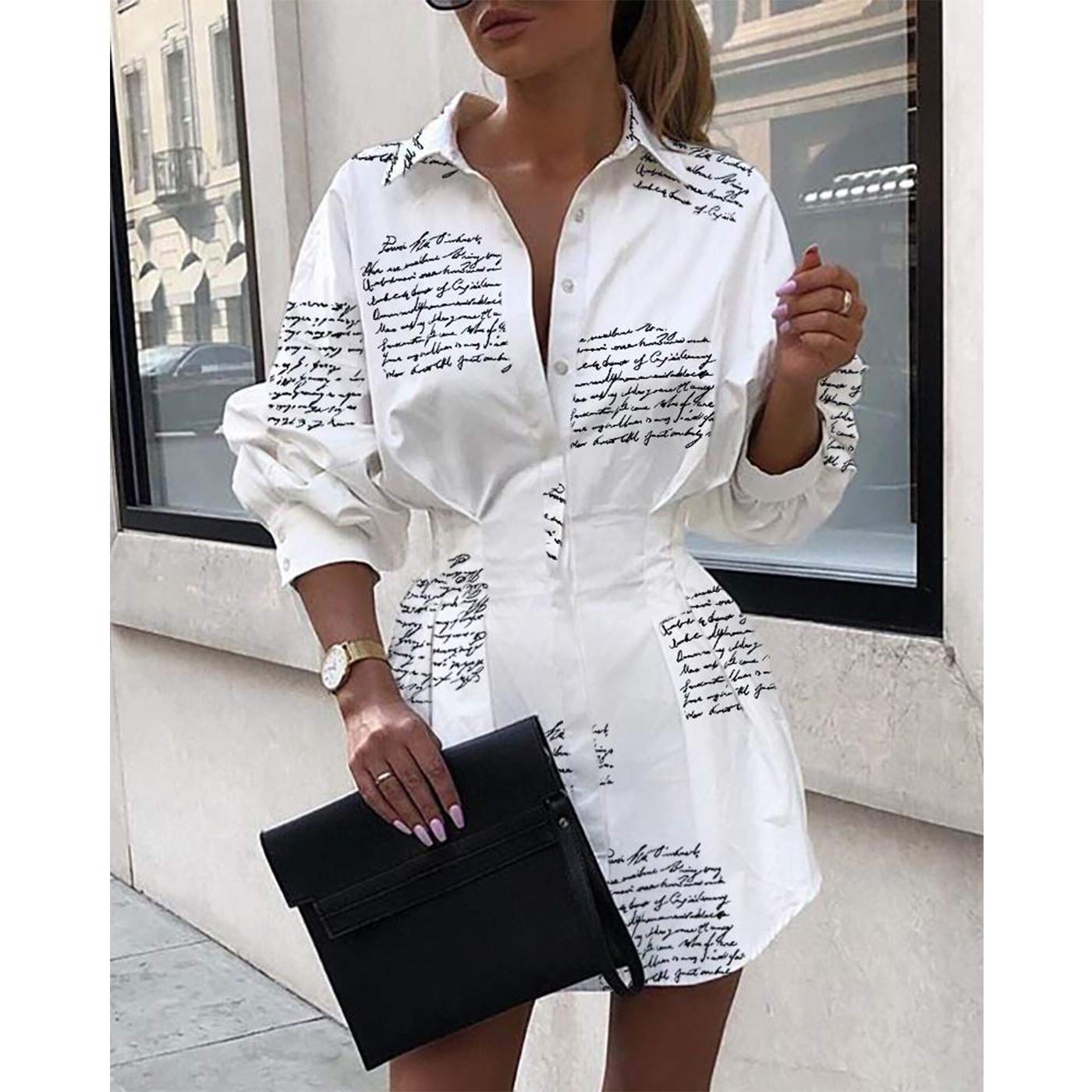 IyMoo Womens Casual Long Sleeve V Neck Button Down Fitted Shirt Mini Dress with Belt Letter White M
