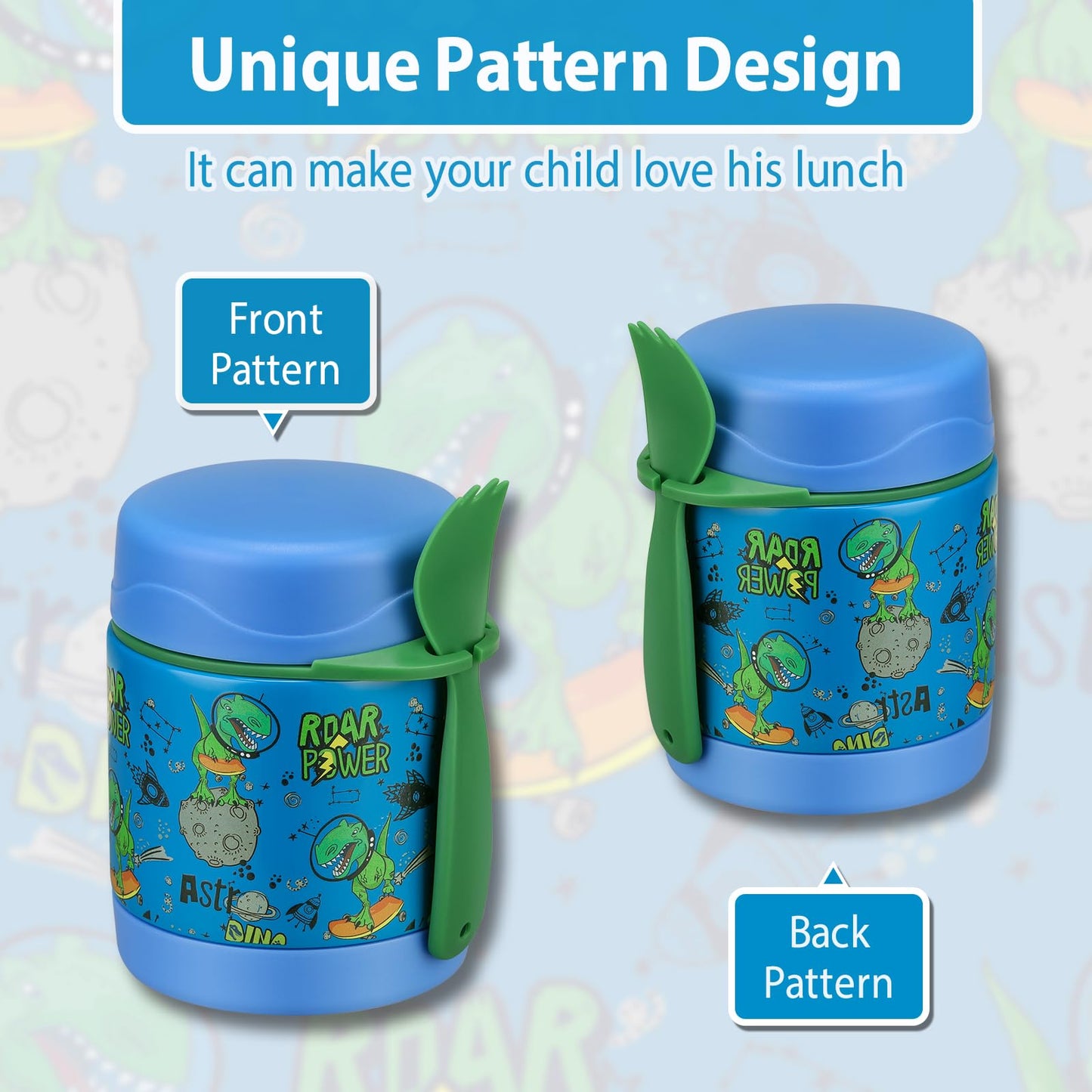 10oz Soup Thermo for Hot Food Kids,Lunch Thermo Kids Food Jar with Spoon Hot Insulated Food Containers,Leak Proof Stainless Steel Wide Mouth Lunch Food Thermo Jar for School(Blue-Dinosaur)