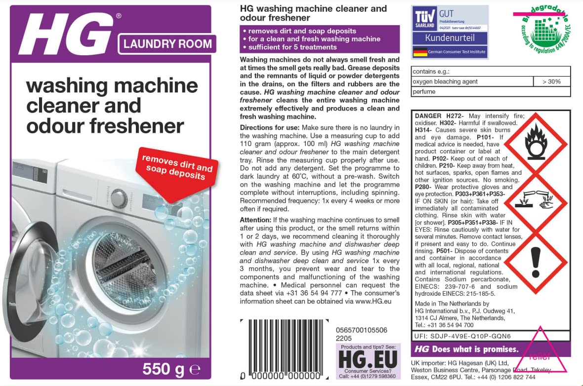 HG Washing Machine Cleaner & Odour Freshener, Washer Cleaning Service Liquid Deodouriser & Descaler, Cleans & Removes Unpleasant Smells, Heavy Duty Professional Formula – 550g (657055106)