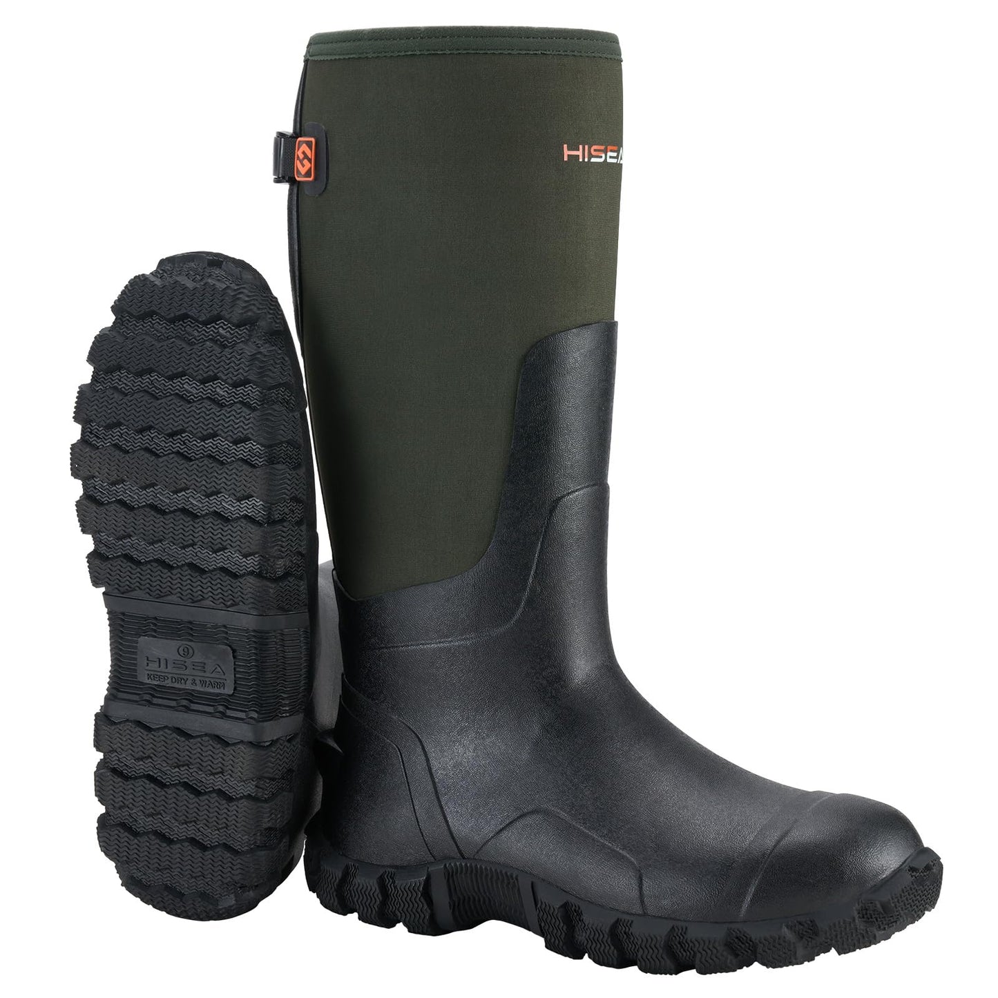 HISEA Upgraded Rain Boots for Men, Waterproof Insulated Rubber Neoprene Boots with Steel Shank, Durable Anti-Slip Outdoor Work Boots for Hunting Gardening Farming Fishing Mud Working, Adjustable Calf,