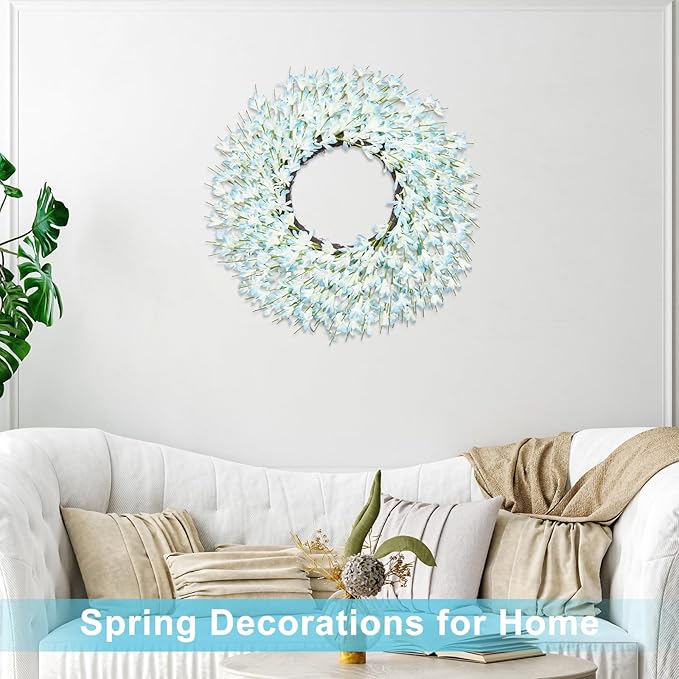 Large Summer Spring Wreaths for Front Door 26 Inch Spring Summer Door Wreath Easter Wreaths for Front Door Wild Floral Wreath for Farmhouse Porch Wall Wedding Living Room Home Decor Aesthetic(Blue)