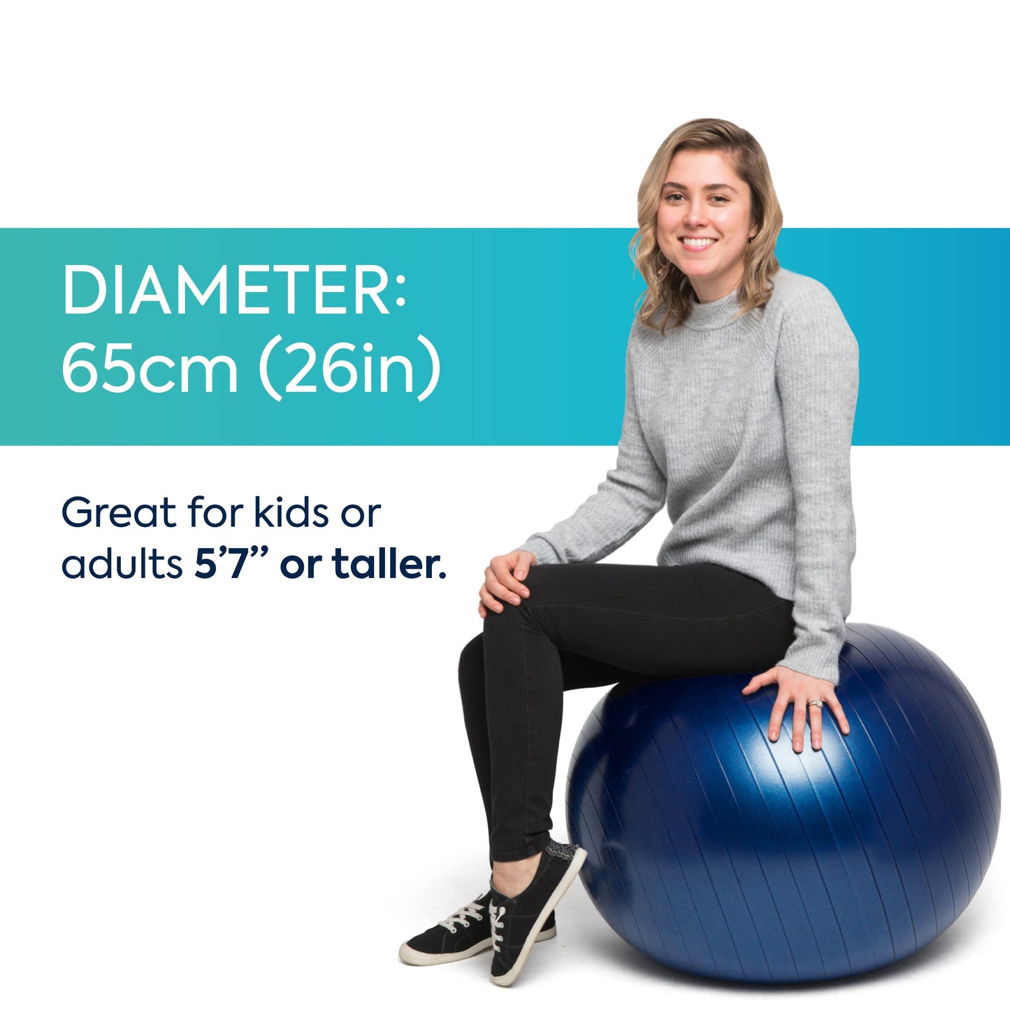 Bouncyband Large Balance Ball, Dark Blue – Create Flexible Seating to Improve Focus in The School, Office, or Home with This No-Roll Weighted Ball – 25.5” (65cm) for People Over 5’6 Tall