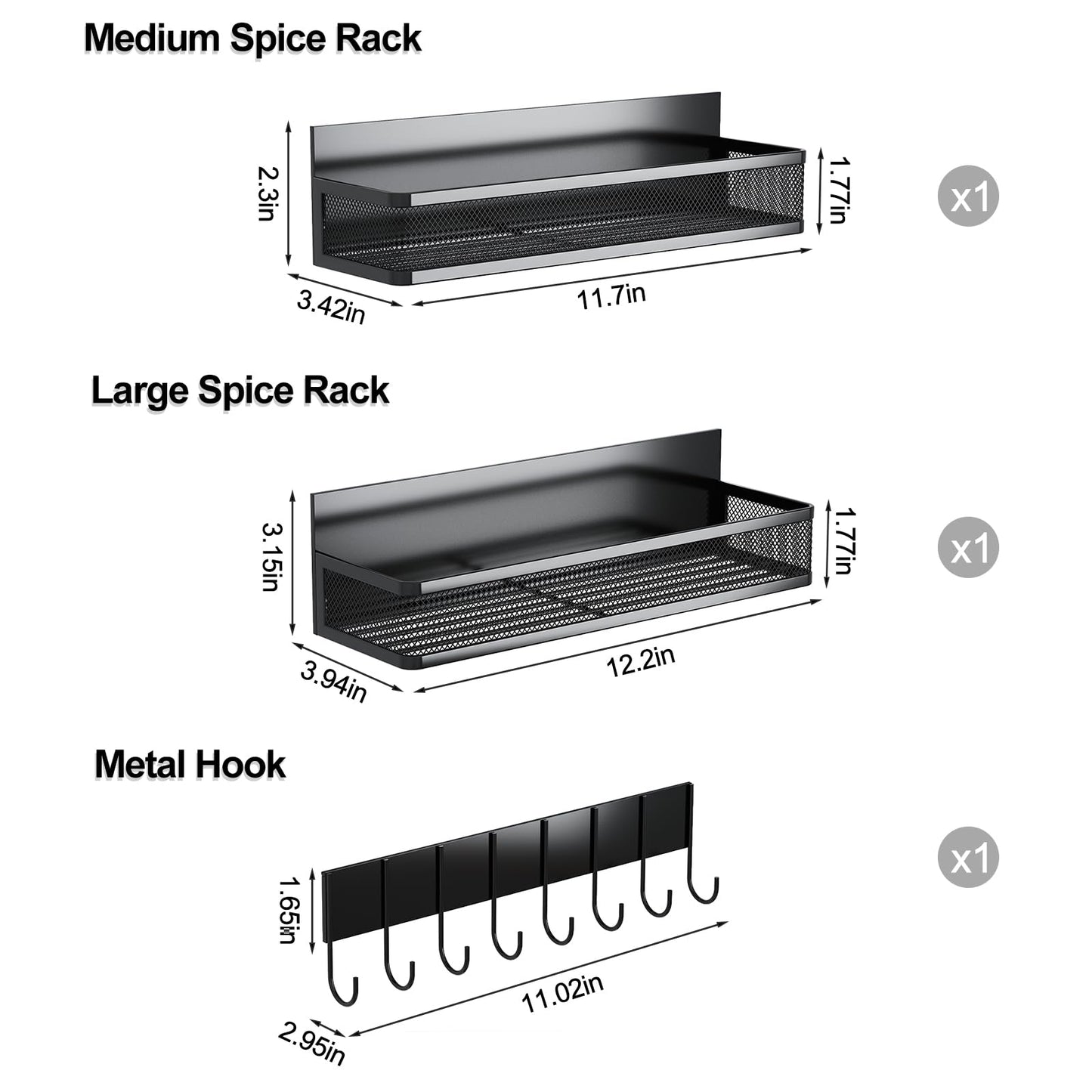 Aufworld Magnetic Spice Rack for Refrigerator, 3 Pack Magnetic Shelf, Moveable Fridge Organizer with 8-Hook Rack, Seasoning Organizer for Kitchen