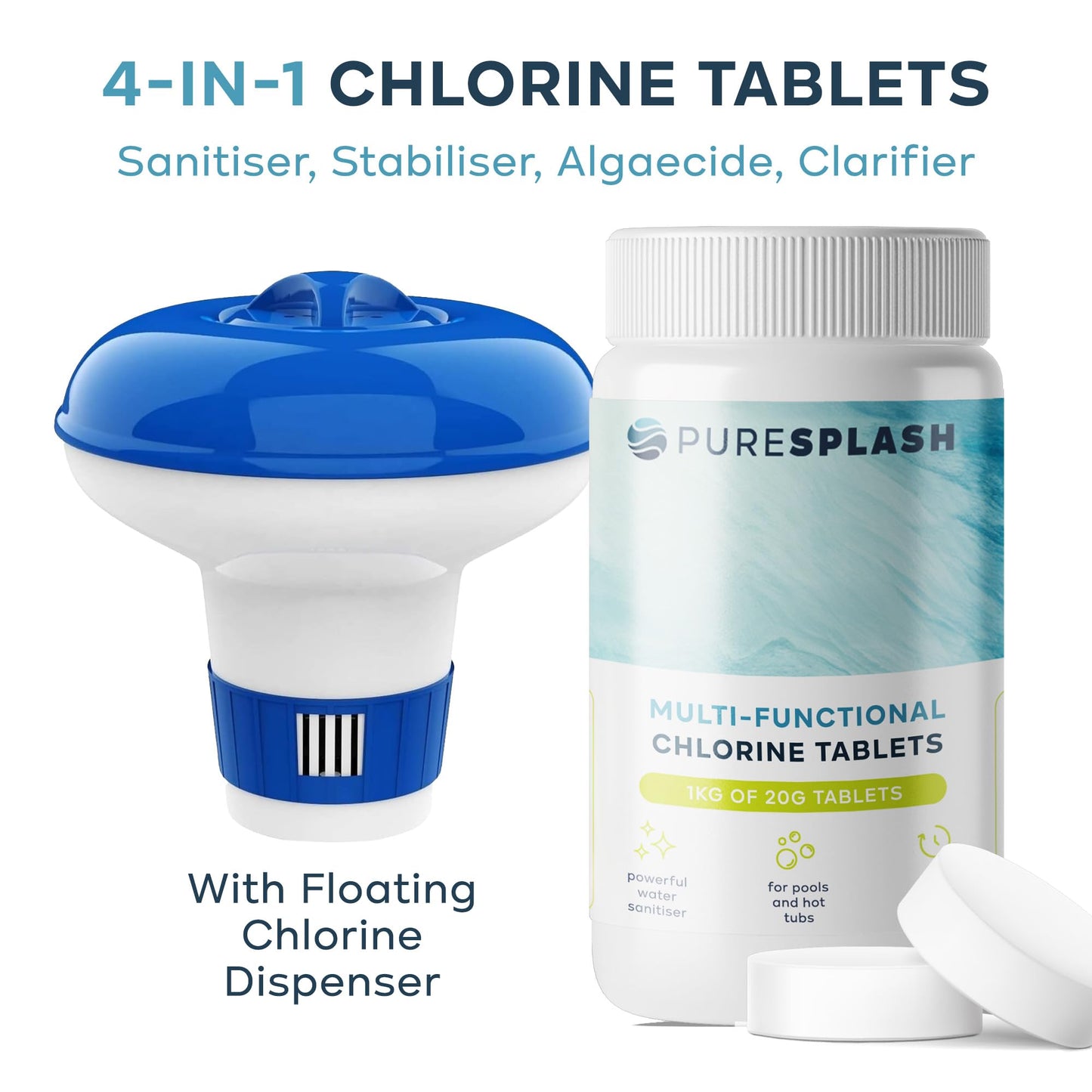 ππππ ππππππ! 1kg 4-in-1 Chlorine Tablets with Floating Dispenser β Hot Tub & Pool Chemicals for Inflatable, Paddling & Above-Ground Pools | Sanitiser, Algaecide, Stabiliser, Clarifier