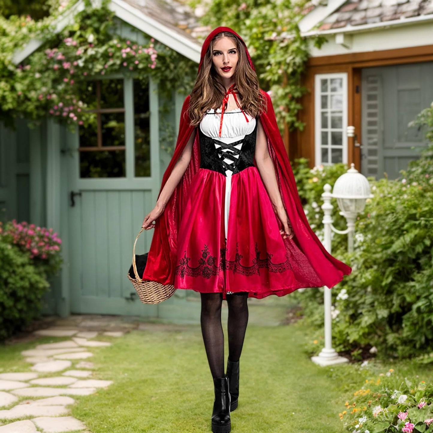 Colorful House Red Little Riding Hood Costume For Women, Christmas Halloween Party Dress with Cape Adult Role-Playing(X-Large)