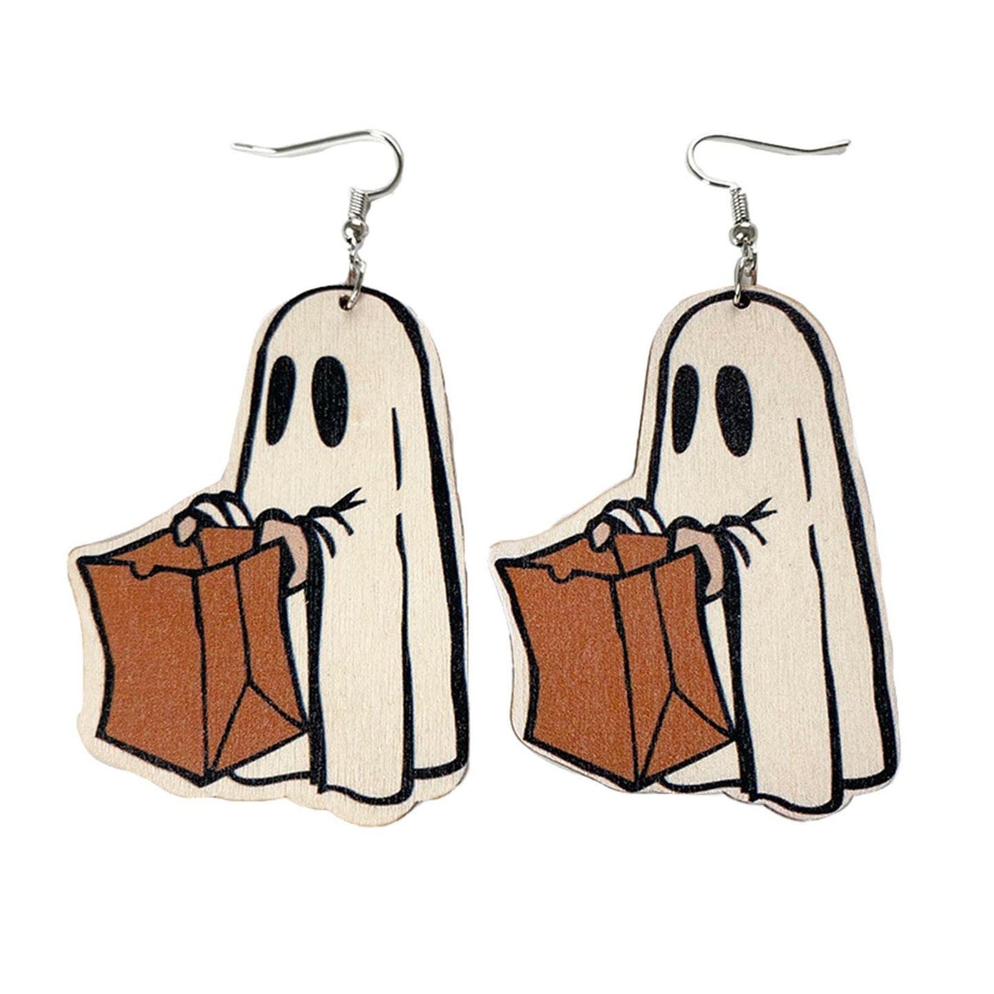 Halloween Cute Ghost Pumpkin Wooden Resin Acrylic Dangle Earrings Cartoon Ghost Print Halloween Wood Acrylic Earrings for Women Jewelry(D)