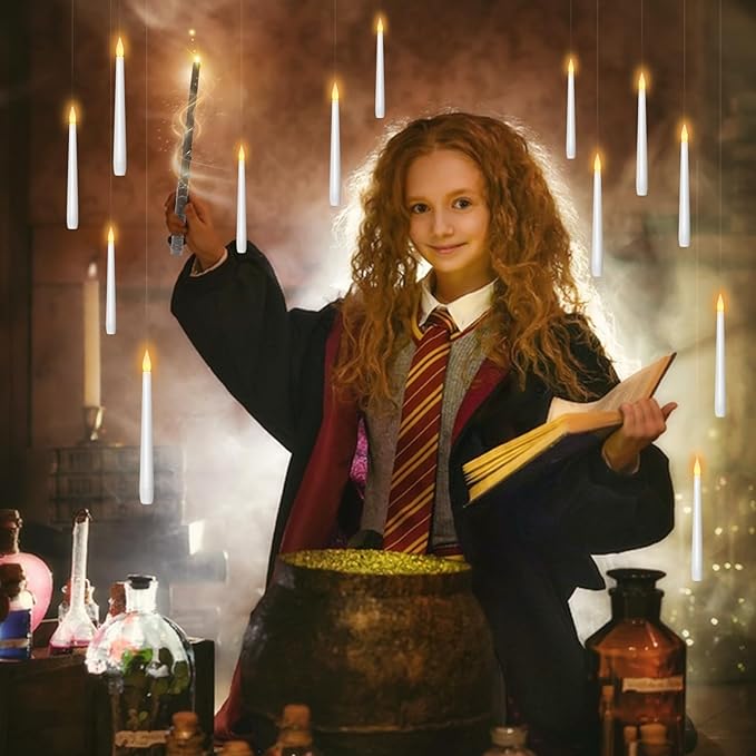 Flameless Floating Candles with Wand,12 Pcs Magic LED Hanging Taper Candles,Flickering Battery Operated Taper Candle with Wand Remote for Halloween Decorations Best Gift(White)