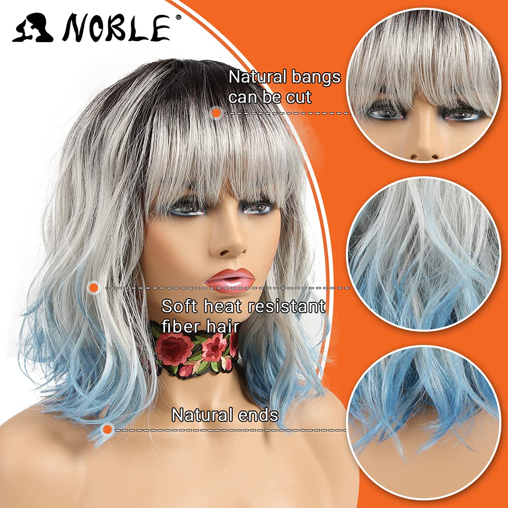 NOBLE Blue Short Bob Curly Wig With Bangs for White Women - Colorful Wavy Heat Resistant Synthetic Silver Blue Wig for Daily Party Cosplay Costume