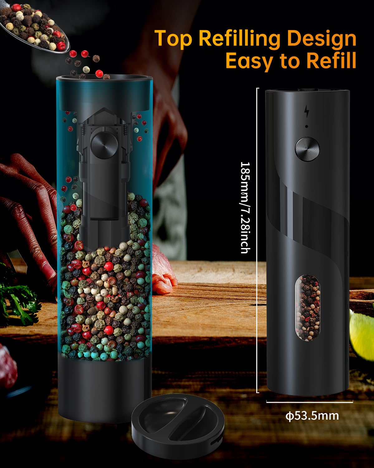 CIRCLE JOY Rechargeable Electric Salt and Pepper Grinder Set Automatic Pepper Mill Grinders with Charging Base, Adjustable Coarseness, 110ml Capacity and White LED Light, Black