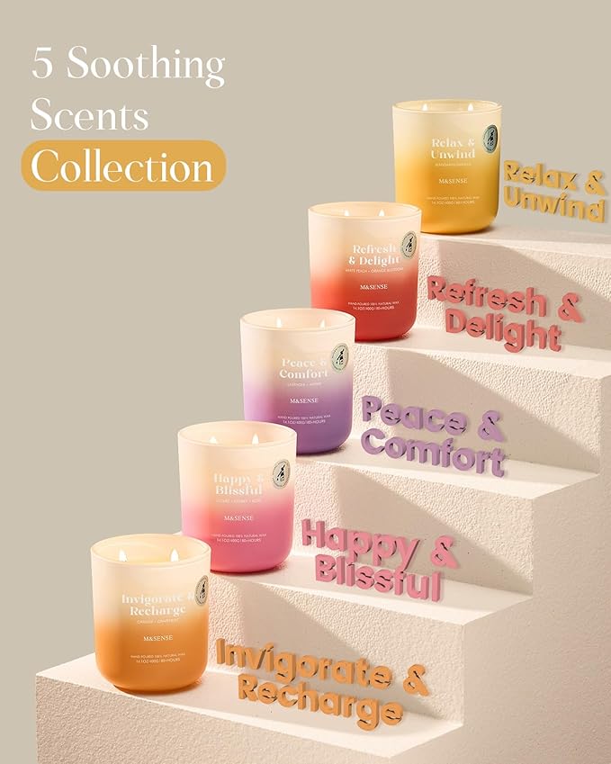 M&SENSE White Peach & Orange Blossom Scented Candle for Home, 14.1oz 80-Hour Non Toxic Long-Lasting Natural Soy Wax Scent Fragrance, 2 Wick Aromatherapy Candle for Women Men Family Friends