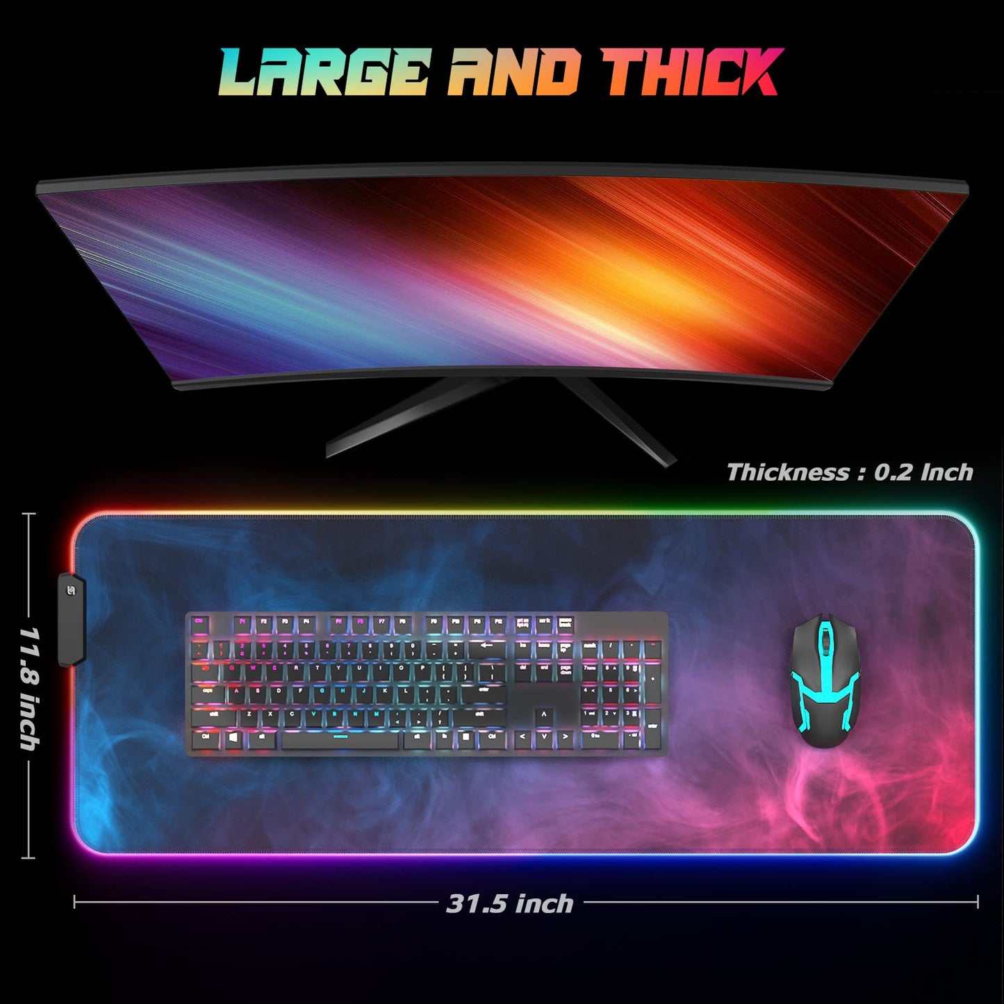 ITNRSIIET RGB Gaming Mouse Pad, Full Desk XL Extended Large Gaming Mousepad, 12 Lighting Modes, 30% Thicker, Big LED Desk Mat for Keyboard Computer Men Gamers Esports Pros, 32" x 12", Colorful Smoke