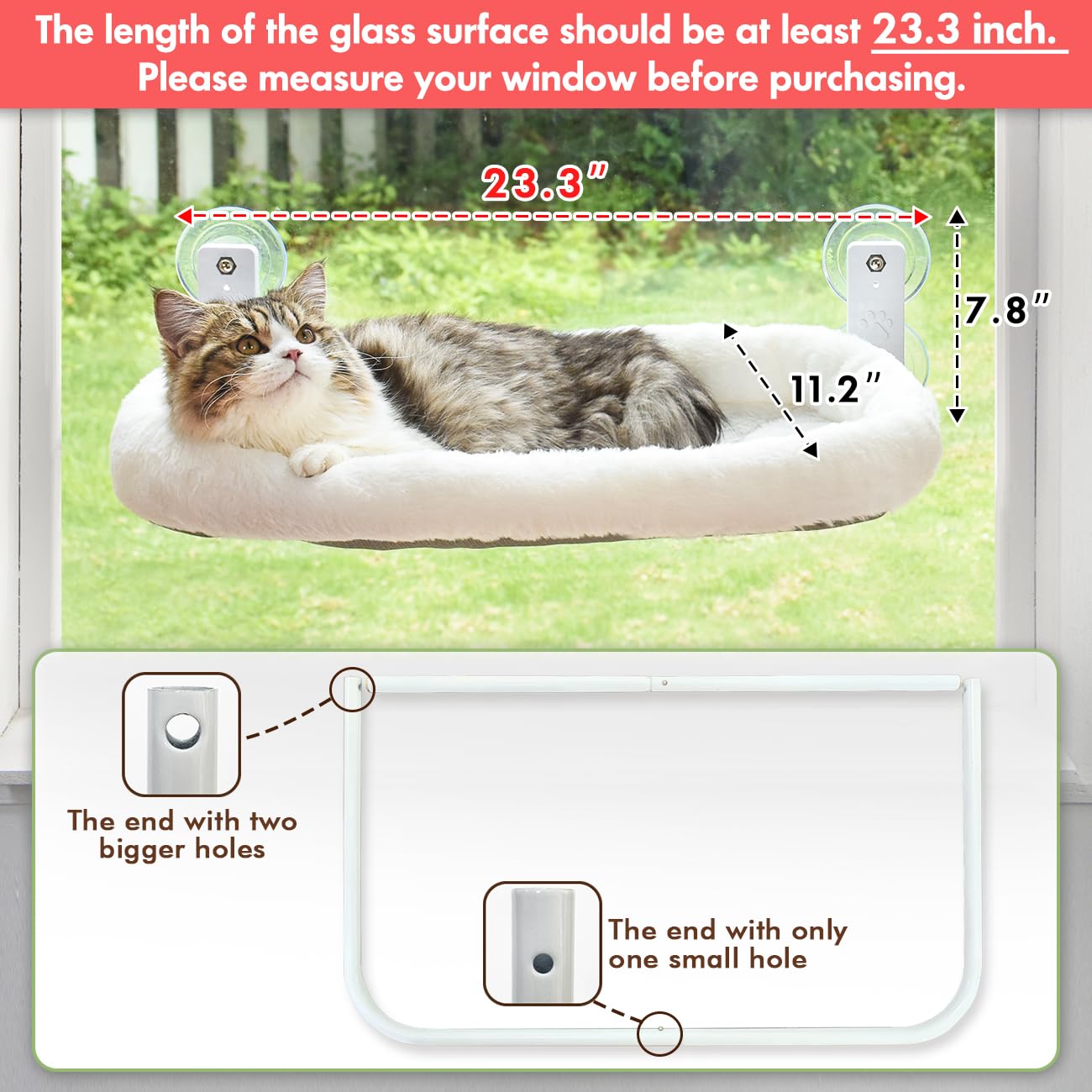 AMOSIJOY Cordless Cat Window Perch, Cat Hammock for Window with 4 Strong Suction Cups, Solid Metal Frame and Soft Cover, Cat Beds for Indoor Cats