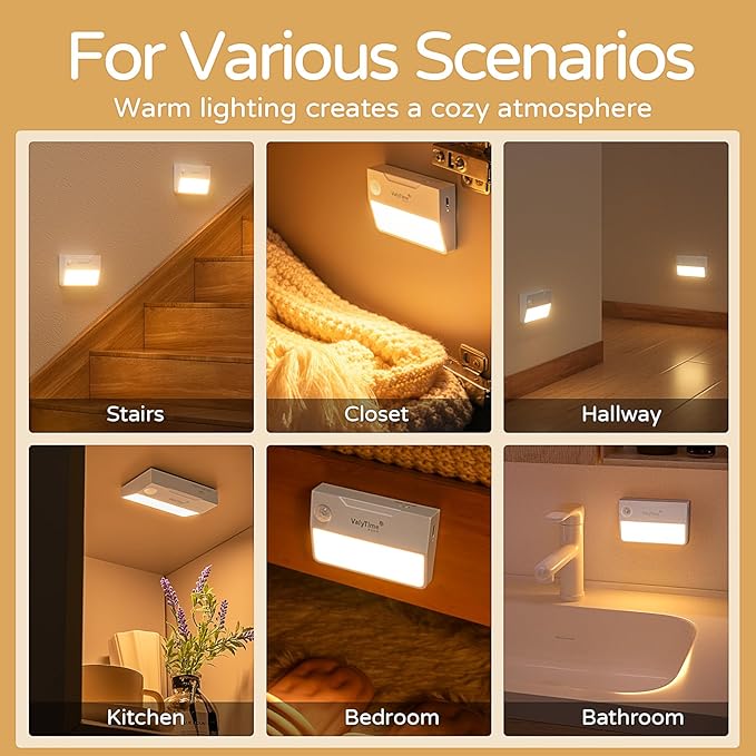 3 Pack Motion Sensor Night Light, Rechargeable Stair Lights Indoor, Warm White Motion Sensor Light Indoor, Battery Operated Night Light for Hallway, Stairway, Bathroom, Bedroom, Kitchen
