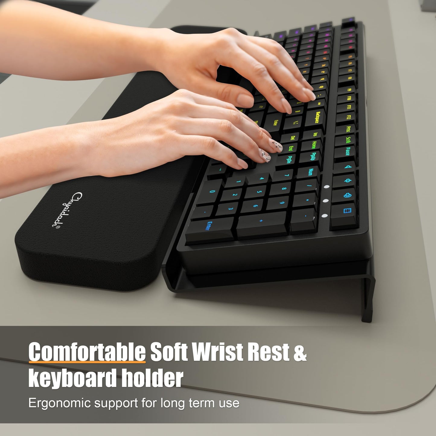 Chyaidach Computer Keyboard Stand and Wrist Rest - Easy Comfortable Ergonomic Typing - Acrylic PC Keyboard Holder with Wrist Support - Fits All Size Keyboards - 16.9'' Wide (Matte Black)