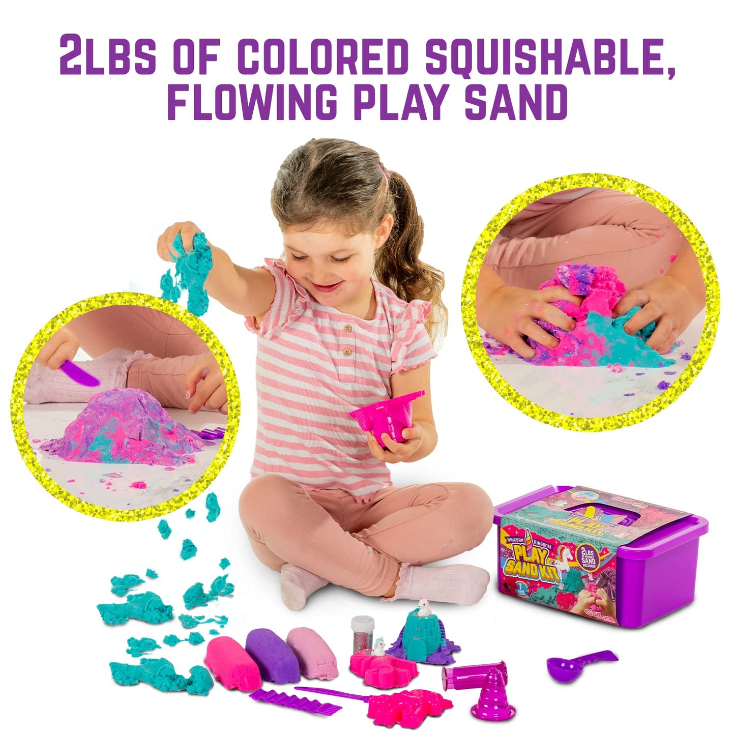 GirlZone Unicorn Kingdom Sand Kit, Craft Set with Squishy Sand, 7 Sand Toy Tools, & More in a Carry Case, Fun Toy for Playdates and Great Gift Idea
