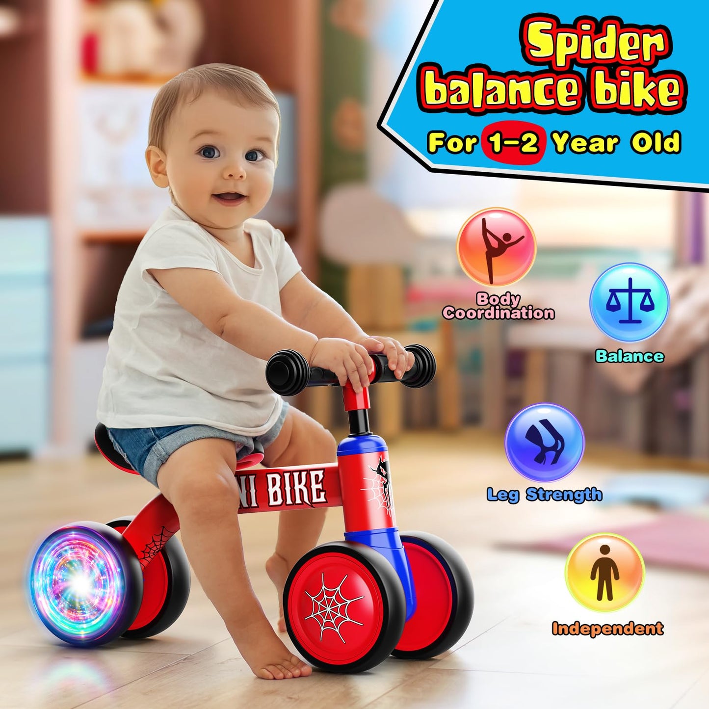 Aetyni Baby Balance Bike 1-2 Year Old: Spider Toddler Bike Baby Bike for 10-24 Month with Colorful Lighting & 4 Wheels First Riding on Toys Spider Easter Birthday Gifts for One Year Old Boy Girl Gifts
