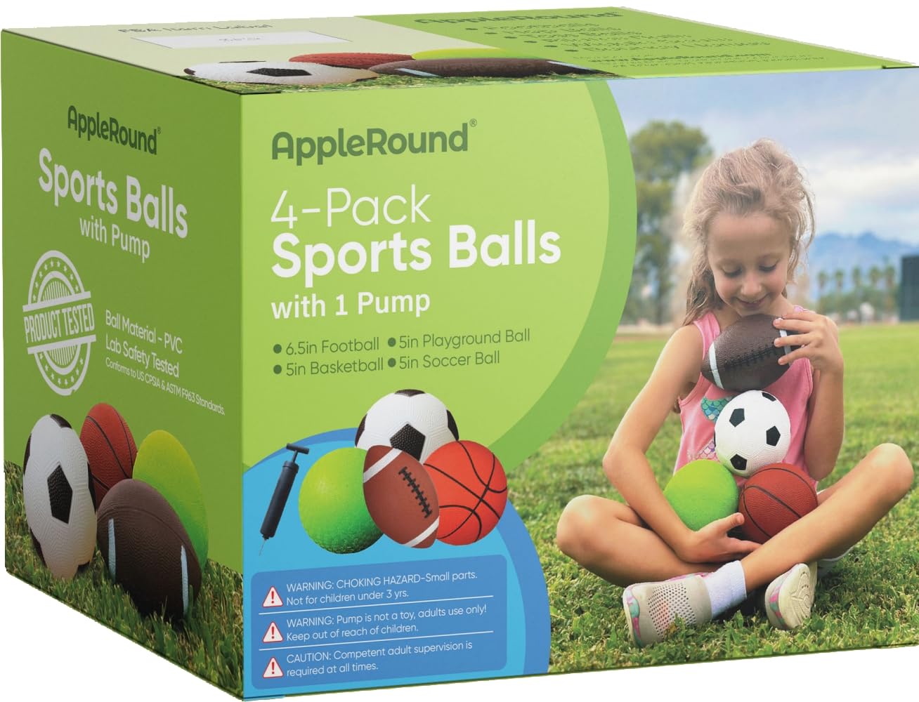 AppleRound 4-Pack Sports Balls for Toddlers & Kids with Pump – 5-Inch Soccer Ball, Basketball, Playground Ball & 6.5-Inch Football – Soft Small Balls for Indoor/Outdoor Play (Ages 2-7)