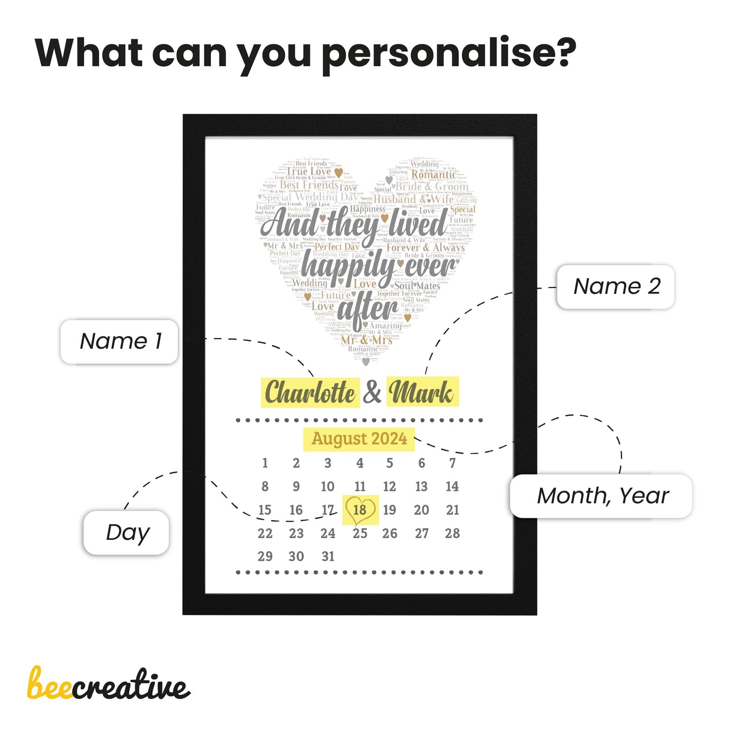 Beecreative Personalised Wedding Gifts for Bride & Groom - Custom Calendar Print with Names and Date of Wedding - Personalised 'And They Lived Happily Ever' Wedding Present Keepsake