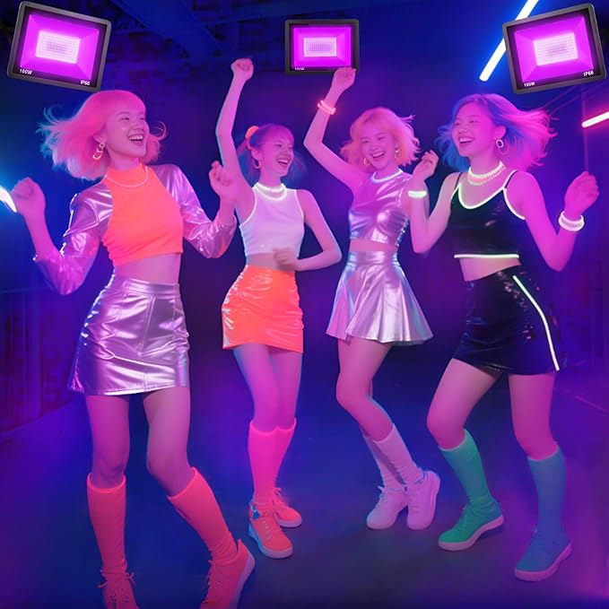100W Black Light, 2Pack Indoor Outdoor Blacklight with Plug and Switch, Ip66 Waterproof, 365 NM UV Light for Glow Neon Party, Body Painting, Fluorescent Tapestry