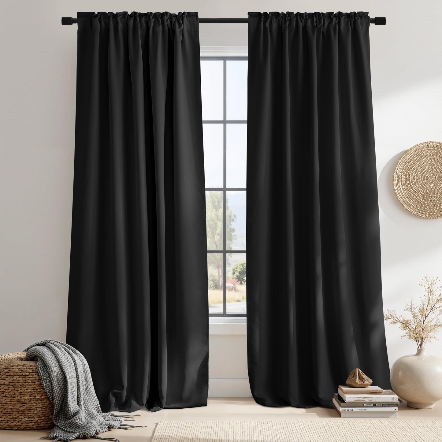 NICETOWN Halloween Black Blackout Living Room Curtains 84 inches Long, Black Out Curtain Panels for Bedroom - (Black Color) W52 x L84, 1 Pair, Thermal Insulated Blackout Draperies Window Treatment