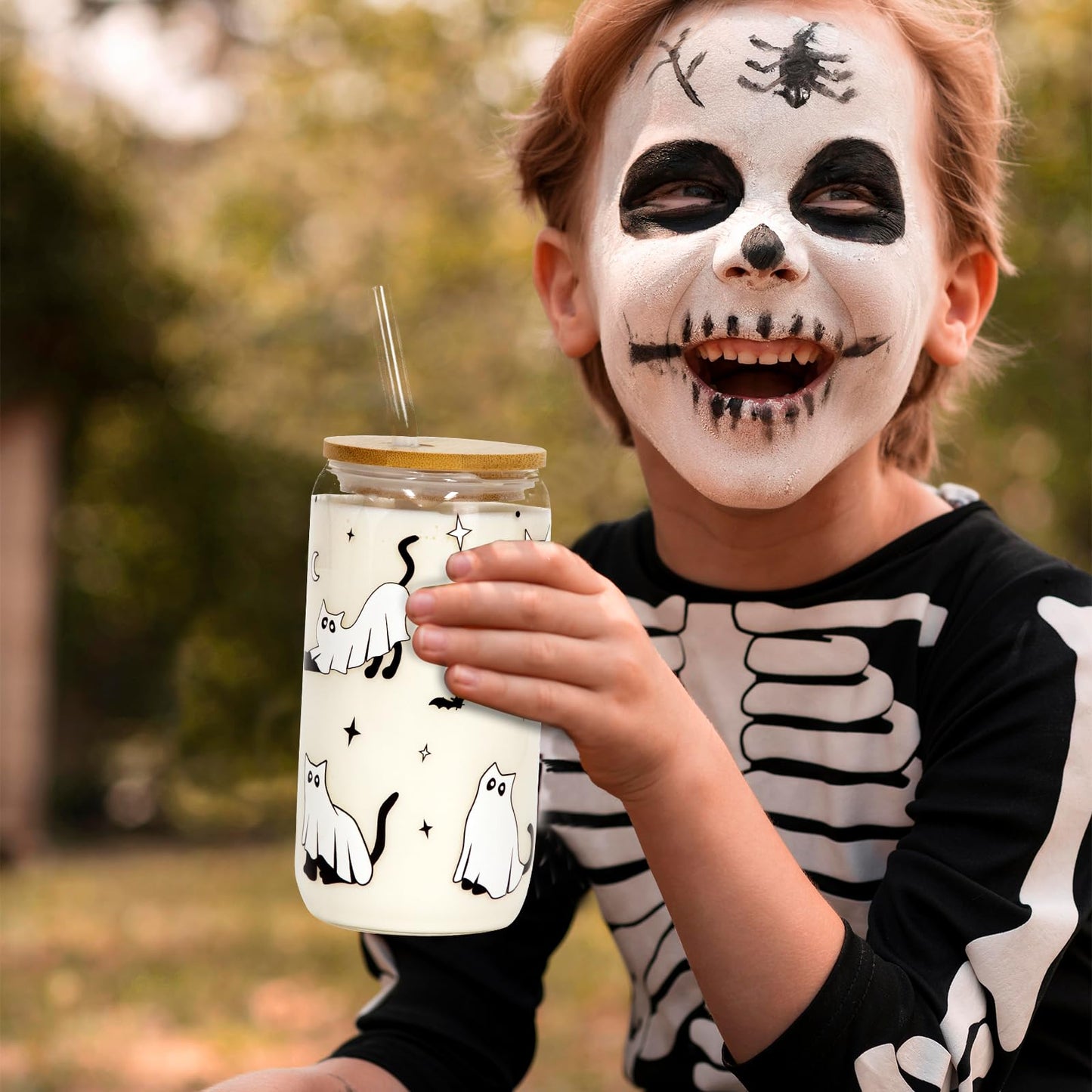 Joyseller Halloween Glass Cup, 18oz Cute Ghost Cat Iced Coffee Can Glass Tumbler with Lid and Straw, Halloween Spooky Gifts for Her Him
