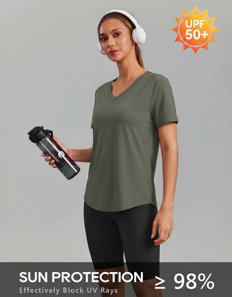 PINSPARK Breathable T-Shirts for Women Short Sleeve V Neck Moisture Wicking Workout Tops Quick Dry Lightweight Athletic Gym Shirts,Olive Green Medium