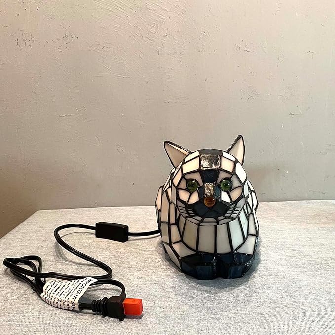 Bieye L10872 Lovely Cat Tiffany Style Stained Glass Accent Table Lamp Night Light for Home Decoration (One Cat, Blue)