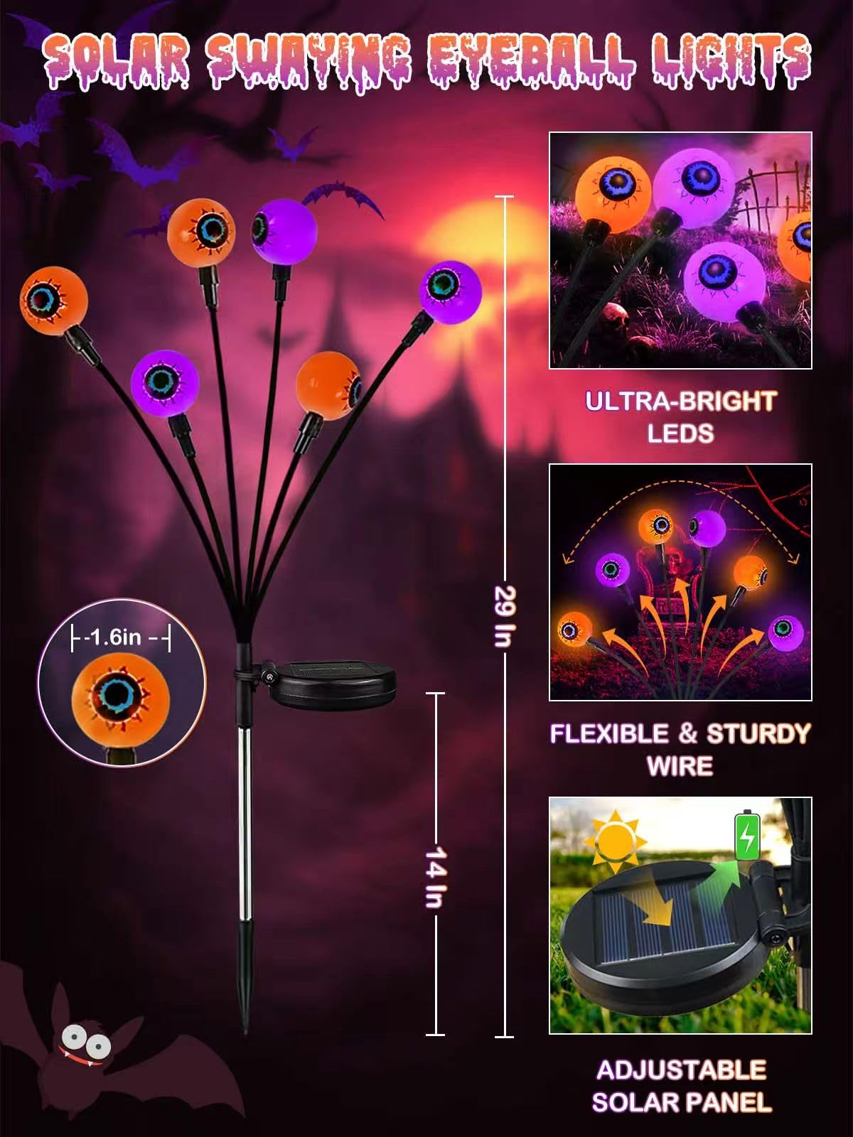 6 Pack Halloween Decorations Outdoor Solar Eyeball Lights, Purple and Orange Scary Eyeball Swaying Firefly Lights with 2 Modes, Waterproof Halloween Pathway Lights for Yard Garden Lawn Party Decor