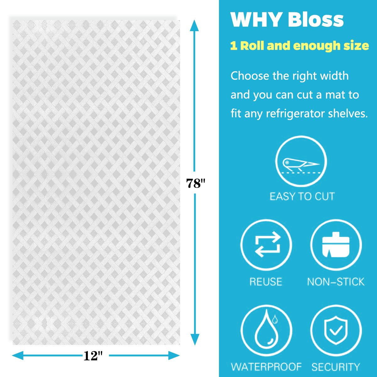 Bloss Refrigerator Liners Mats, Easy to Clean Fridge Liners, Refrigerator Liners for Glass Shelves Washable, Shelf Liners for Kitchen Cabinets(Grid,12" x 78")