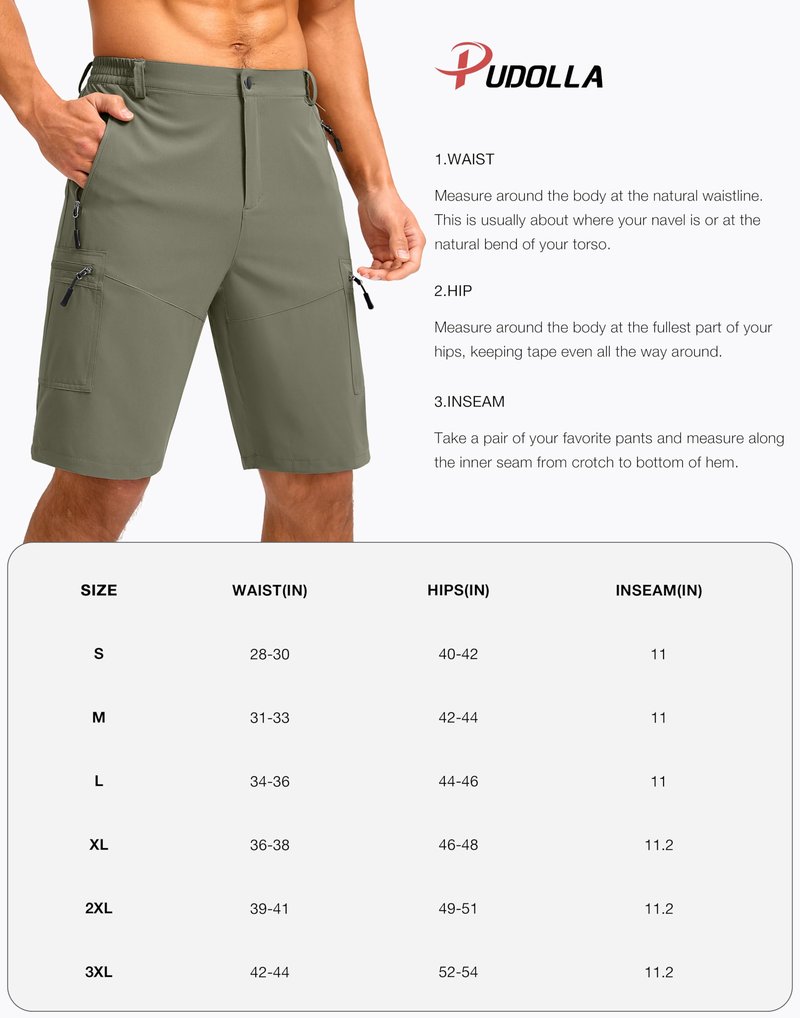 Pudolla Men's Hiking Shorts 11" Lightweight Cargo Work Shorts for Men Summer Travel Golf Casual Outdoor with 5 Pockets(Deep Grey Large)