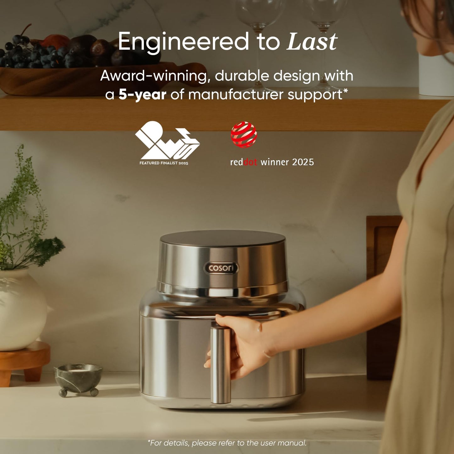 Cosori Iconic Stainless Steel 6.5 Qt Smart Air Fryer, PFAS-Free Ceramic Coating, Max 450ยฐF, Consistent Cooking, Air Fry, Roast, Bake, Dry, Proof, Reheat, Dishwasher-Safe Basket, Chef-Crafted Recipes
