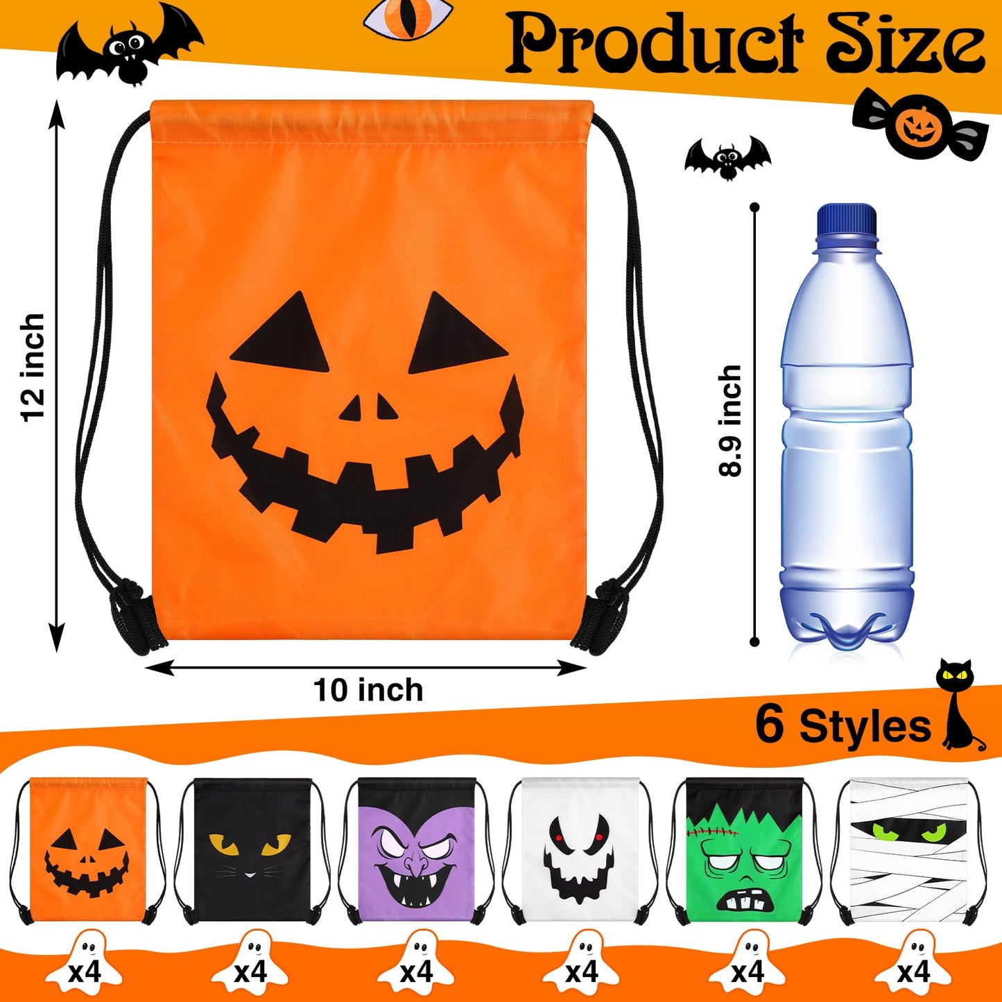 Censen 24 Pcs Drawstring Bags Set Bulk 12 x 10 Inch Waterproof Beach Sack Pack for Girls Boys Kids Gift Party Gym Supplies (Halloween Style)