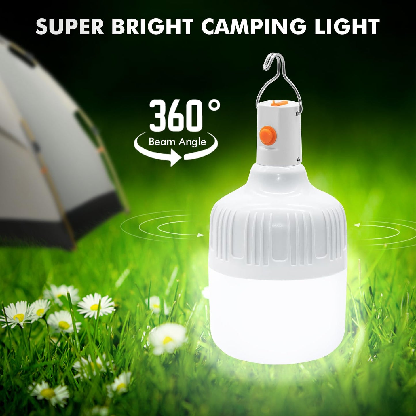 Ledeak 2 Pcs Camping Light, LED USB Rechargeable Camping Lantern Battery Powered Outdoor Tent Lamp with Hanging Hook, Dimmable 3 Modes Portable Light Bulb for Emergency Camping Patio Garden Gazebo