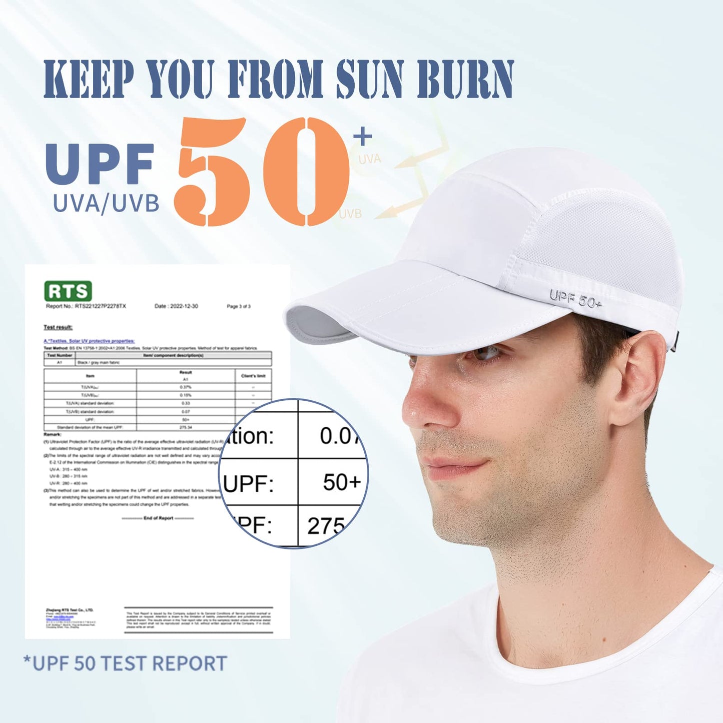 ELLEWIN Men's Baseball Cap UPF50 Hat W/Foldable Long Large Bill,One Size,White