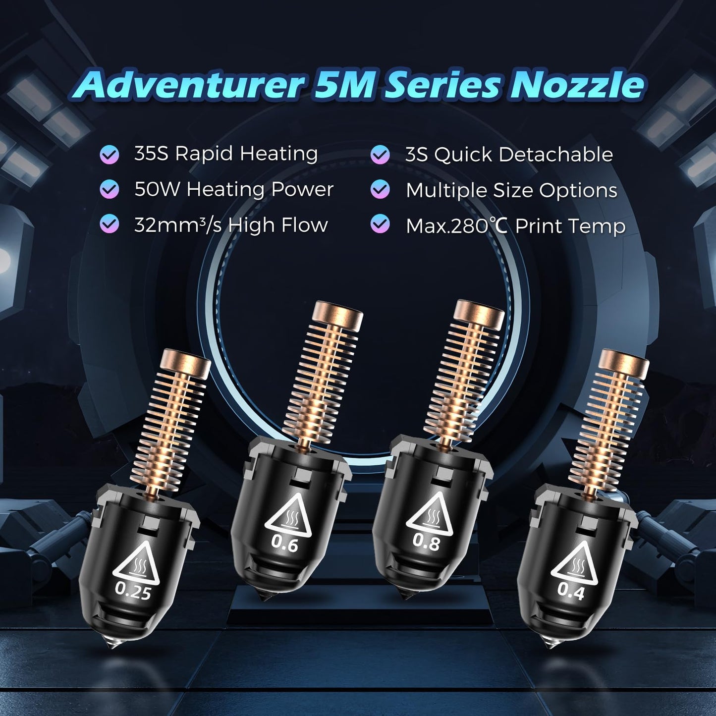 FLASHFORGE Adventurer 5M Pro Nozzle, 0.4mm 280℃ High Flow 32mm³/s Nozzle for Stable High-Speed Printing, Adventurer 5M Hotend, 3S Quick-Detachable Nozzle