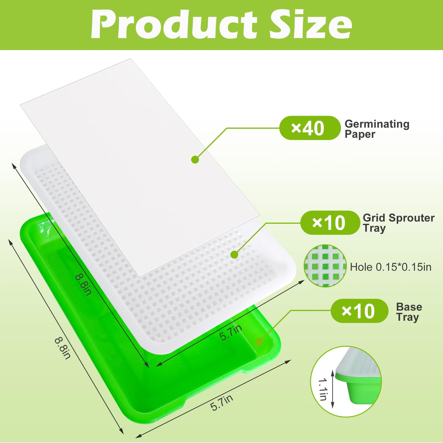 EBaokuup 10Pcs Seed Sprouter Tray with Drain Holes - BPA Free Seed Garden Plant Germination Propagation Trays, Soil-Free Wheatgrass Tray Sprouter Microgreens Growing Kit with Germinating Paper