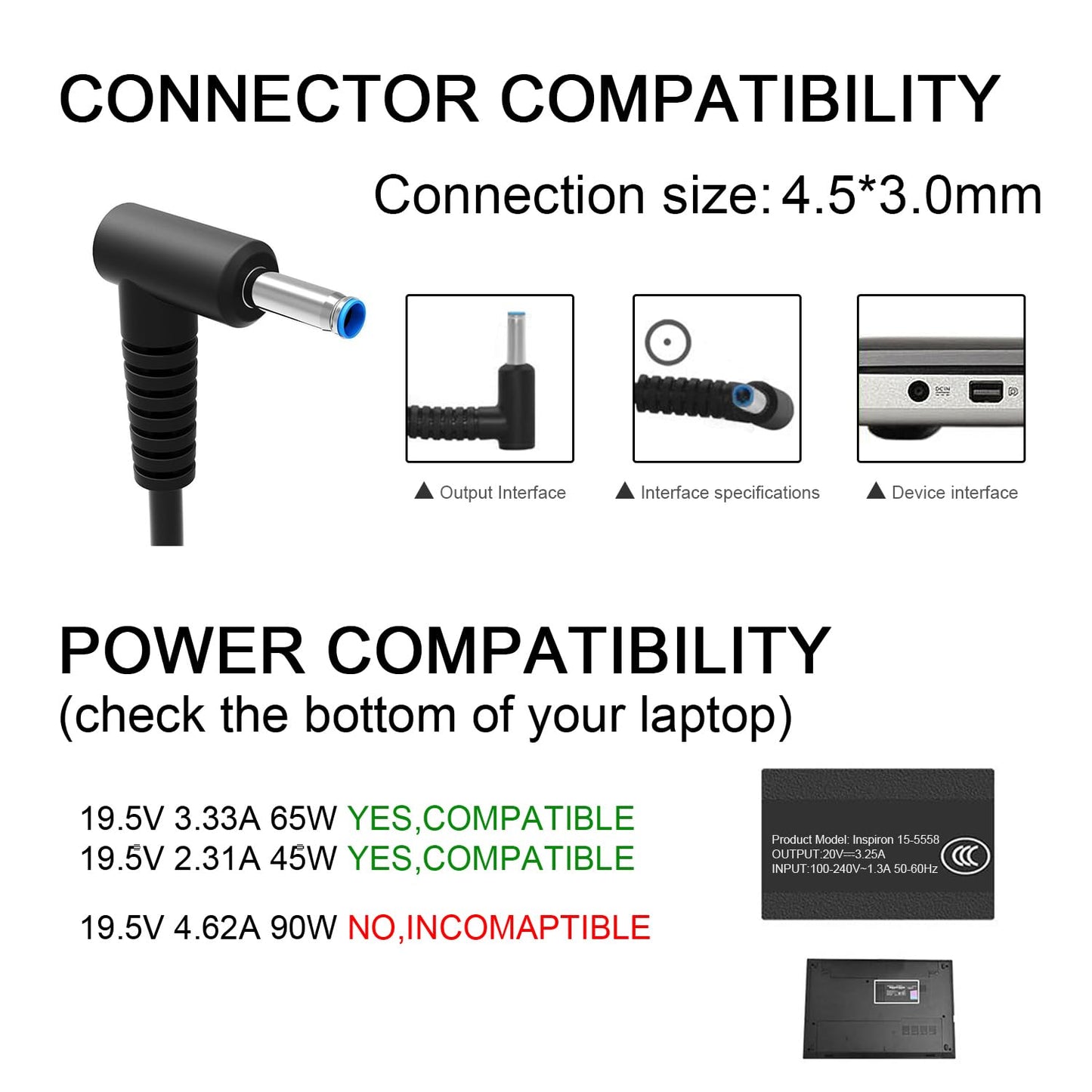 Charger Compatible with HP Laptop Computer 65W 45W Smart Blue Tip Power Adapter