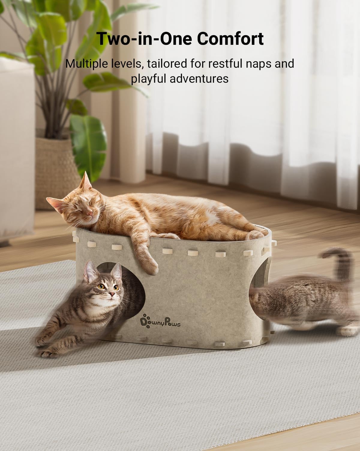 DownyPaws Cat House for Indoor Cats, Cat Bed Cave for Multiple & Large Cats Up to 22 Lbs, Scratch Resistant Peekaboo Cat Caves, Foldable Cat Tunnel Enclosed Bed, PeekaPurr, Cream