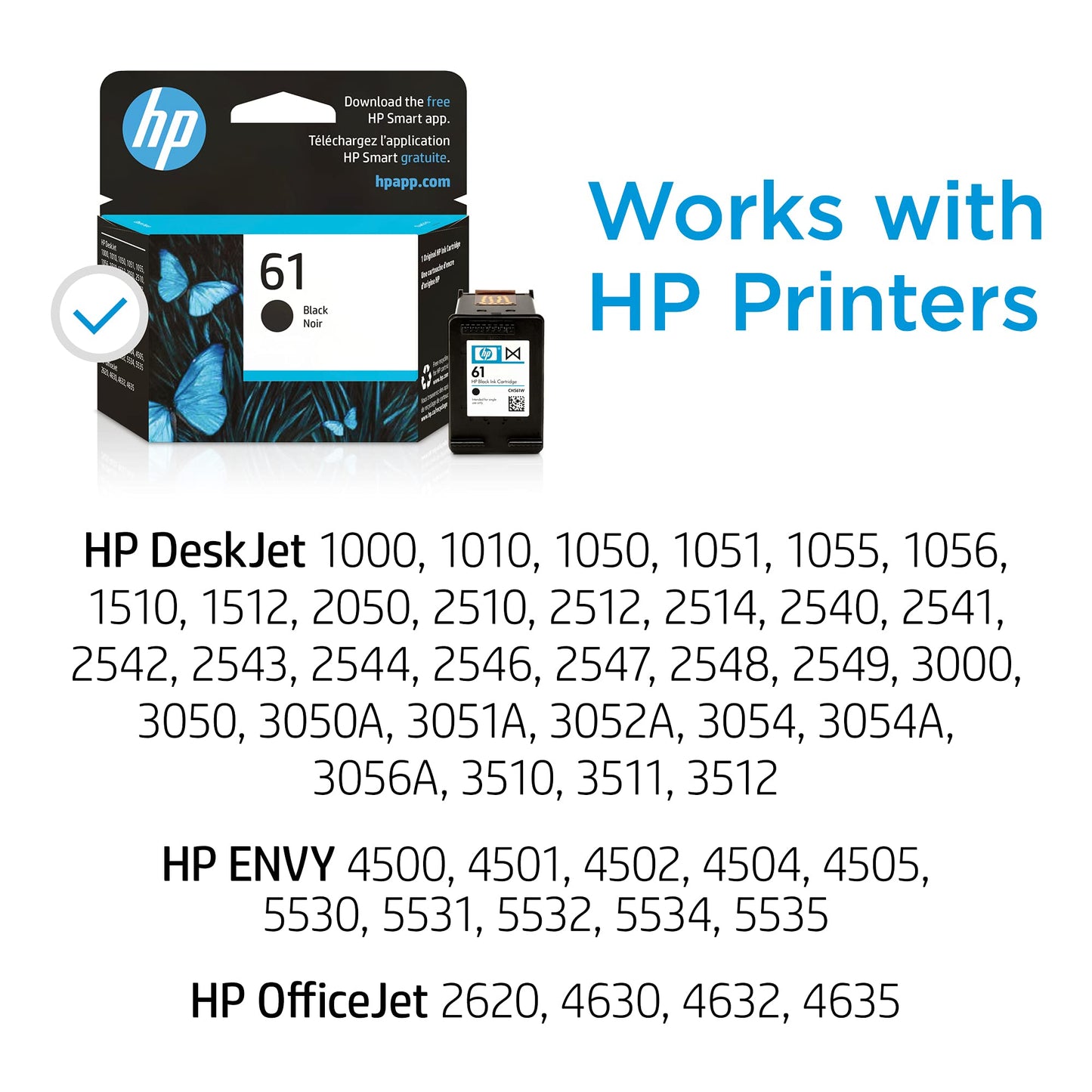 HP 61 Black Ink Cartridge | Works with Printer Series: DeskJet 1000, 1010, 1050, 1510, 2050, 2510, 2540, 3000, 3050, 3510; ENVY 4500, 5530; OfficeJet 2620, 4630 | Eligible for Instant Ink | CH561WN