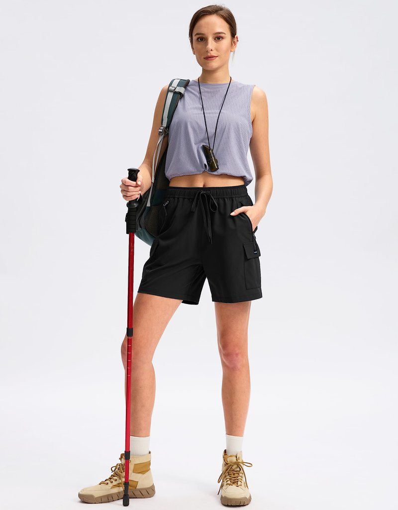 SANTINY Women's 5''/ 7''/9'' Hiking Cargo Shorts Quick Dry Lightweight Summer Shorts for Women Athletic Golf Zipper Pockets(Black_XS)