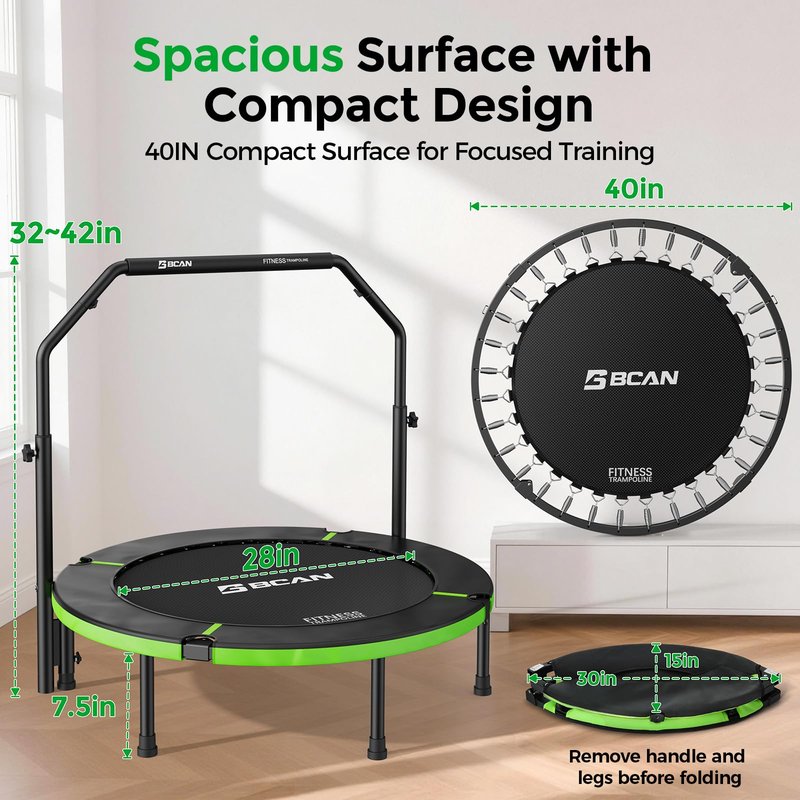 BCAN 40" Foldable Mini Trampoline, Rebounder Trampoline for Adults, Adjustable Foam Handle, Exercise Rebounder for Adults Indoor/Garden Workout, Max Load 330lbs, Green