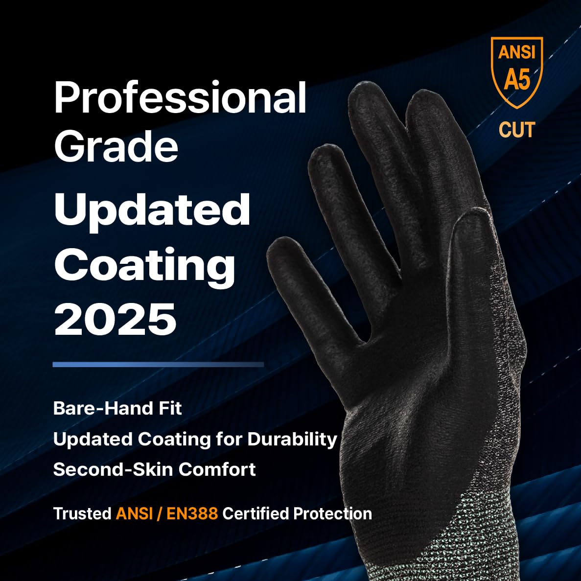 DEX FIT Level 5 Extreme Cut Resistant Gloves Cru553, Non-Slip Power Grip, Professional Grade 3D Comfort Fit, Thin & Lightweight, Breathable, Touchscreen Compatible, Itch-Free; Black Grey M 1 Pair