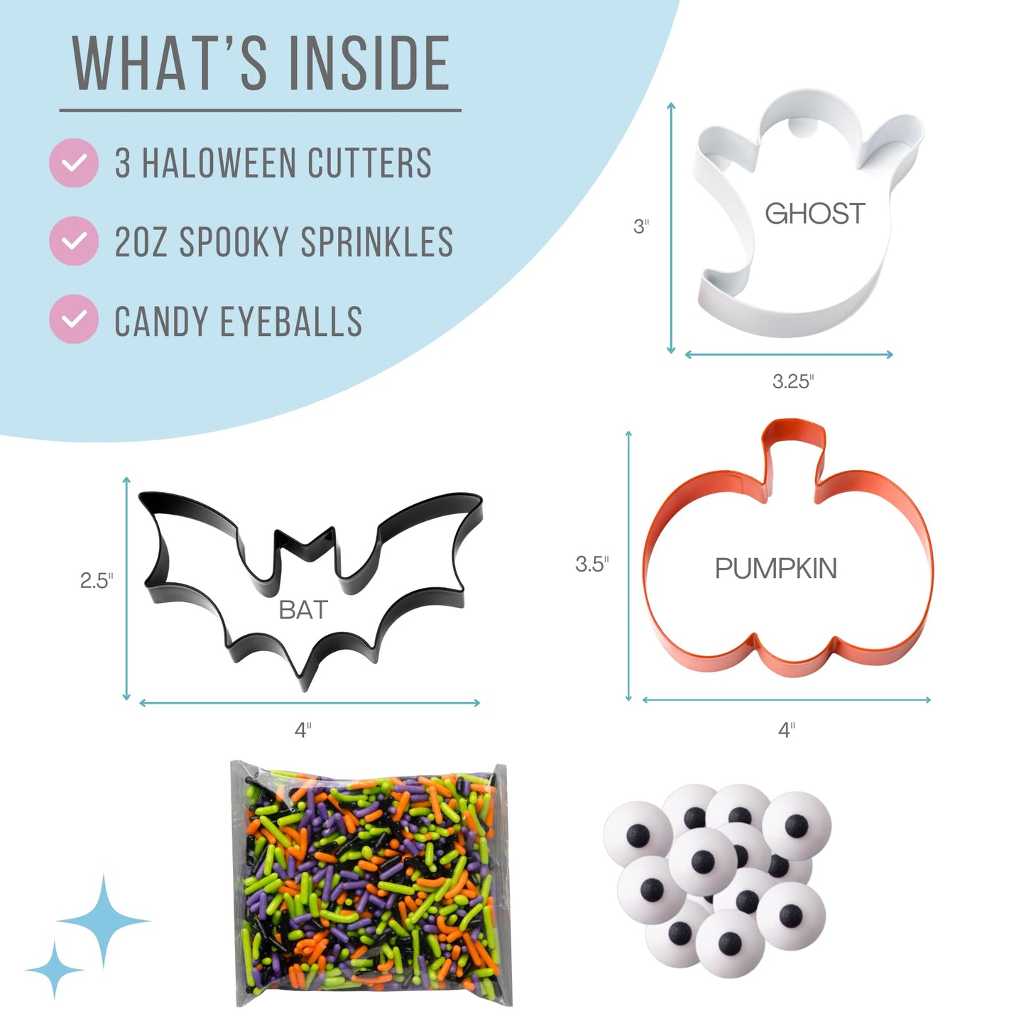 Sweets Indeed Halloween Cookie Cutters with Sprinkle Mix & Candy Eyeballs – 2 oz Sprinkles + 3 Food-Safe Cookie Cutters (Pumpkin, Ghost, Bat) | Halloween Baking & Decorating Kit