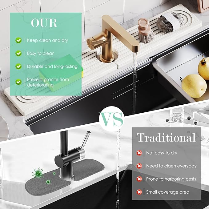 Stone Faucet Mat for Kitchen Sink, Diatomite Drying Stone Tray & Sink Protector
