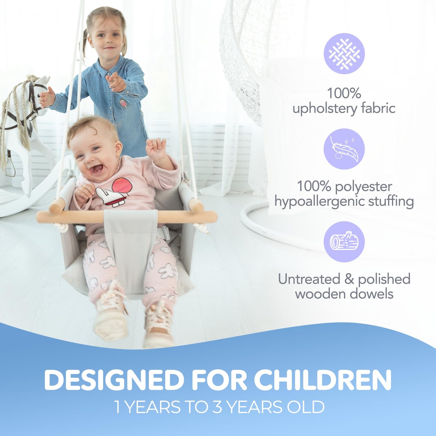 CaTeam - Canvas Baby Swing, Wooden Hanging Swing Seat Chair with Safety Belt, Durable Baby Swing Chair, Outdoor and Indoor Swing for Kids, Mounting Hardware Included, Gray