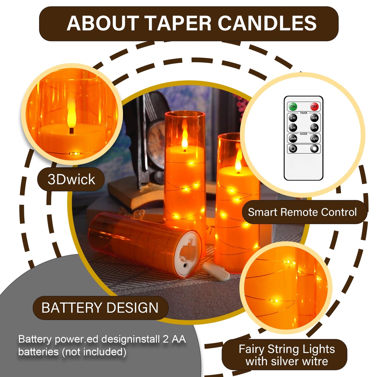 kakoya Flameless LED Candles with Timer 5 Pc Flickering Flameless Candles for Romantic Ambiance and Home Decoration Stable Acrylic Shell,with Embedded Star String,Battery Operated Candles(Orange)