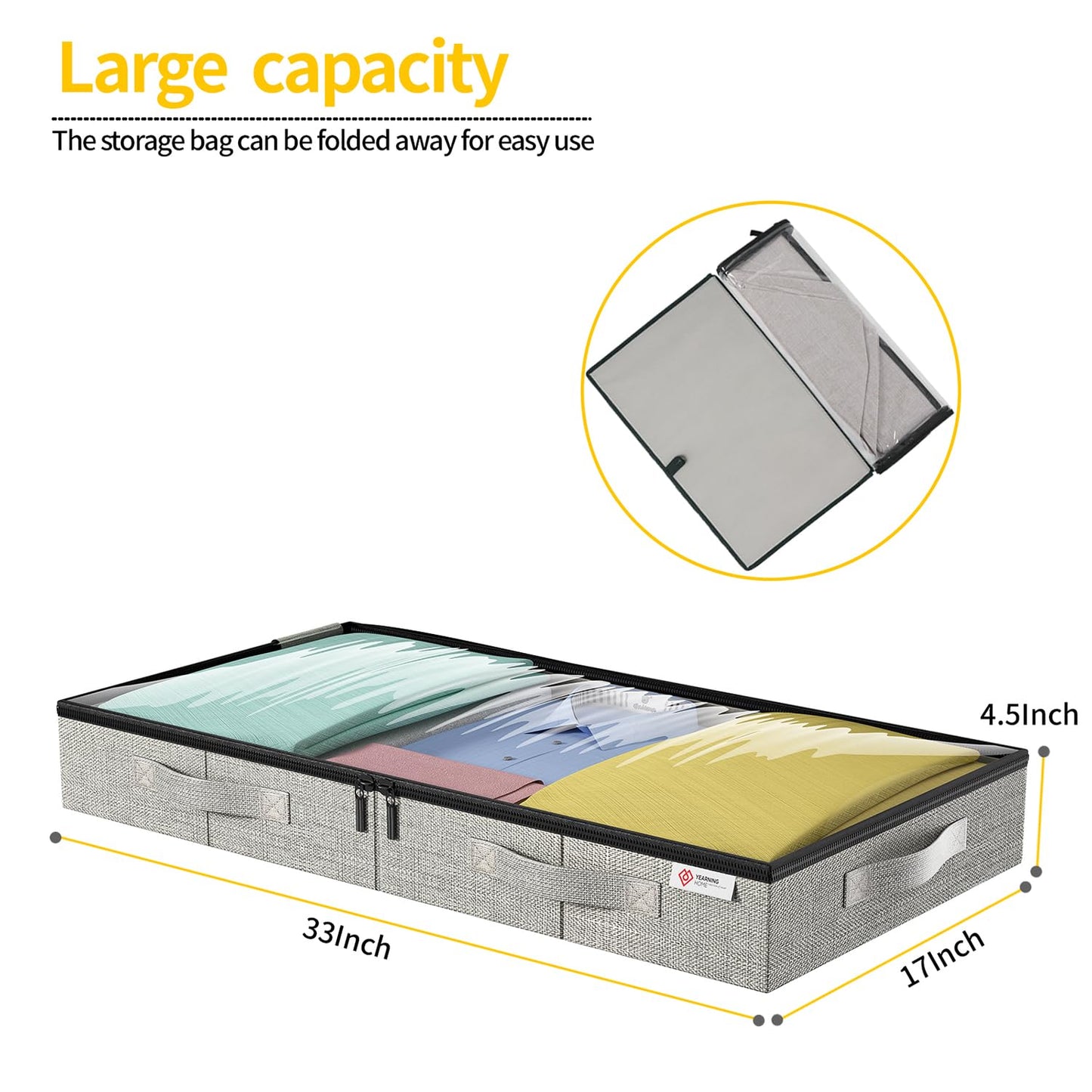 4.5 Inches Under Bed Storage Containers,2 Pack Low Profile Underbed Storage Boxes with Sturdy Structure and Lids, Reinforced Handles and Sturdy Sidewalls/Bottom for Clothes, Blanket, Pillows and Shoes