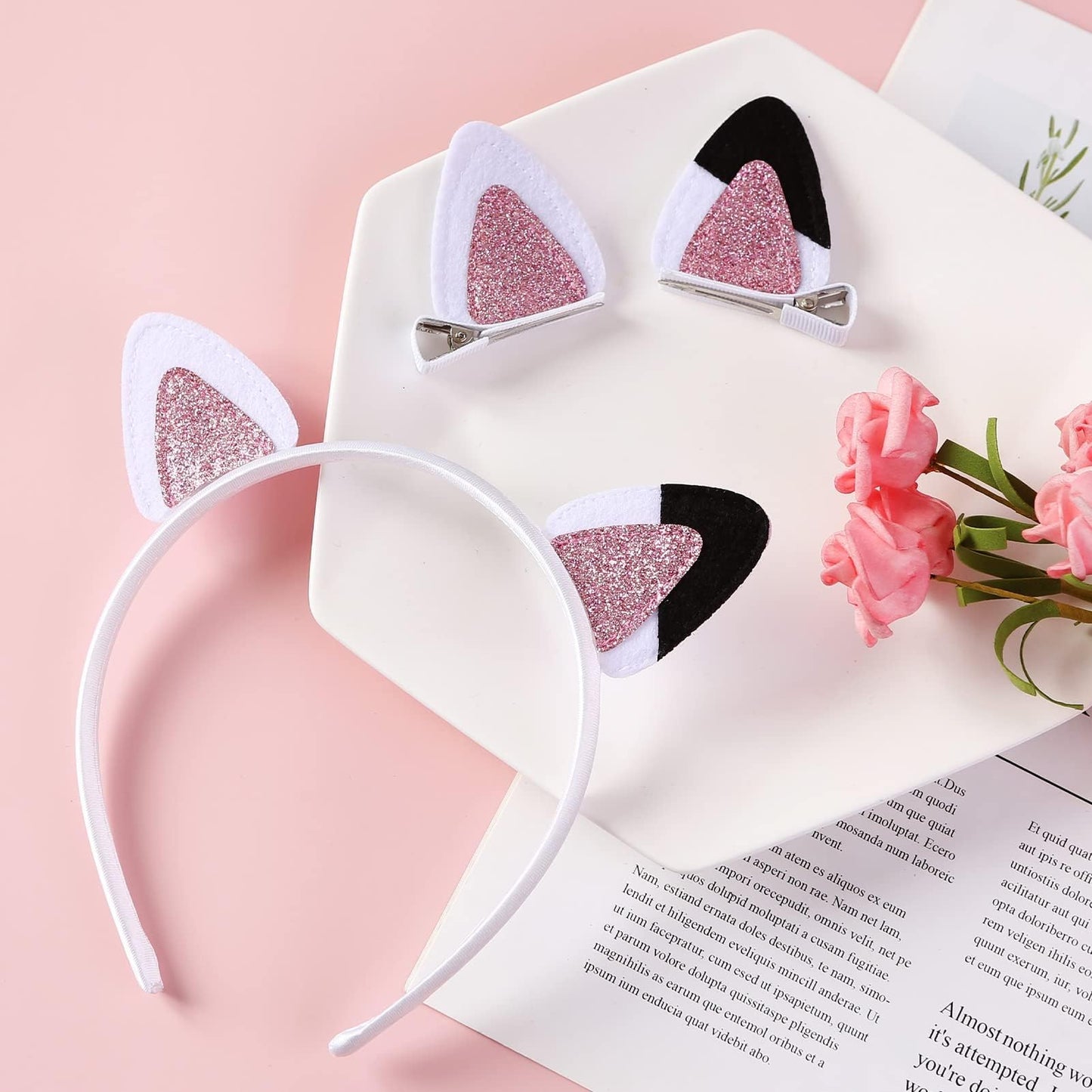 Cat Ears Hair Clips for Girls Cute Glitter Accessories Toddlers Pins Halloween Costume Party Supplies White & Pink 2 Count (Pack of 1)