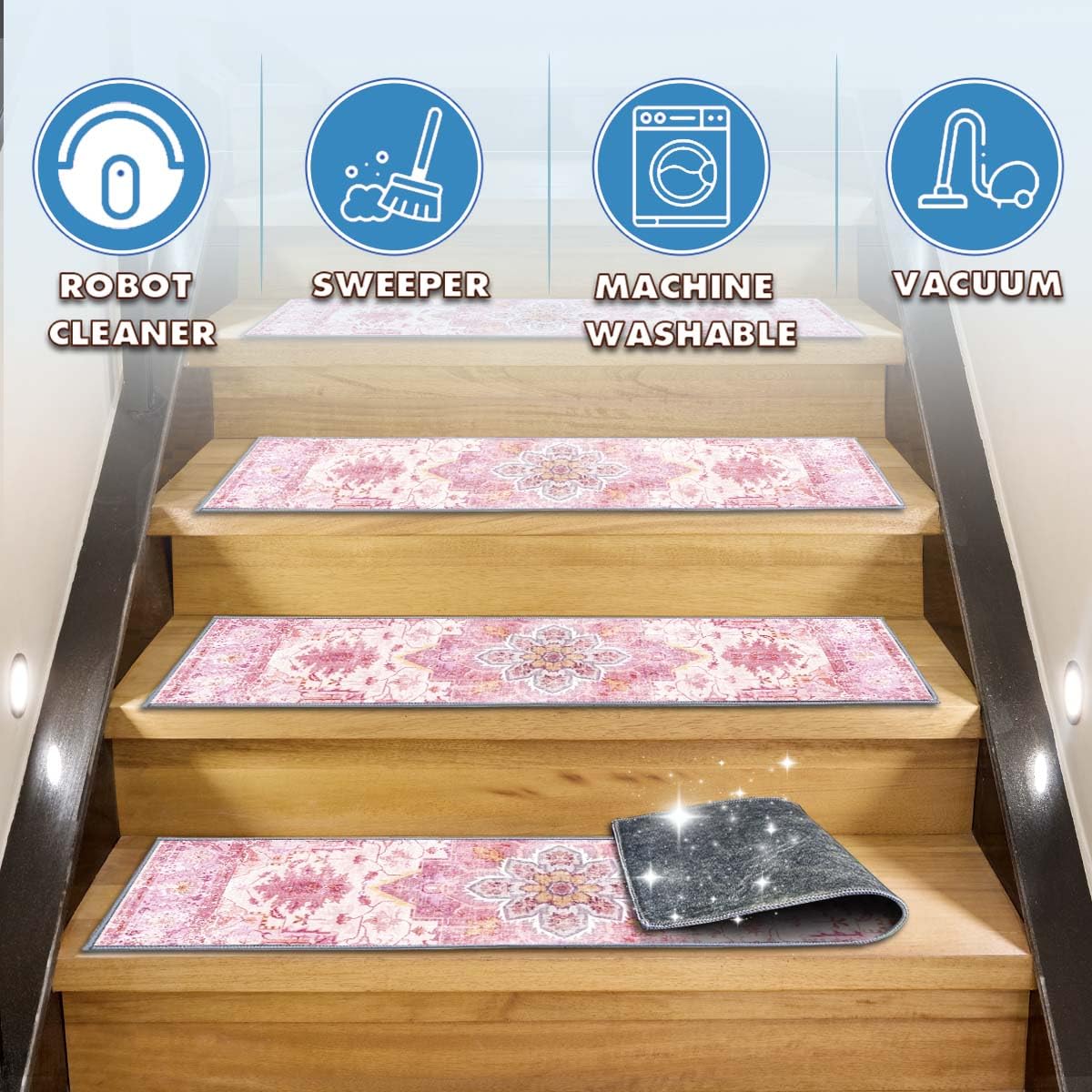 Non-Backed Membrane Stair Tread Mats, ‘8x30 Inches’ Edge Stair Tread Non-Slip Carpet Rugs, Silent Tread Mats, Wooden Steps Indoor Stair Rugs, Stair Decorative Carpets (Pink, 15pcs)
